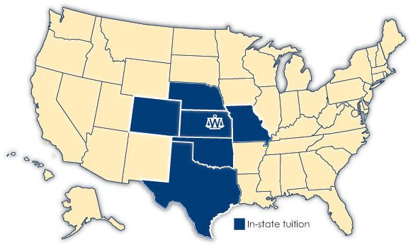 Map: United States showing states where residents qualify for in-state tuition or a Washburn Advantage Award.