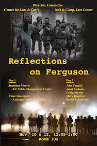 Graphic: Poster advertising Reflections on Ferguson (Missouri) events at Washburn Law.