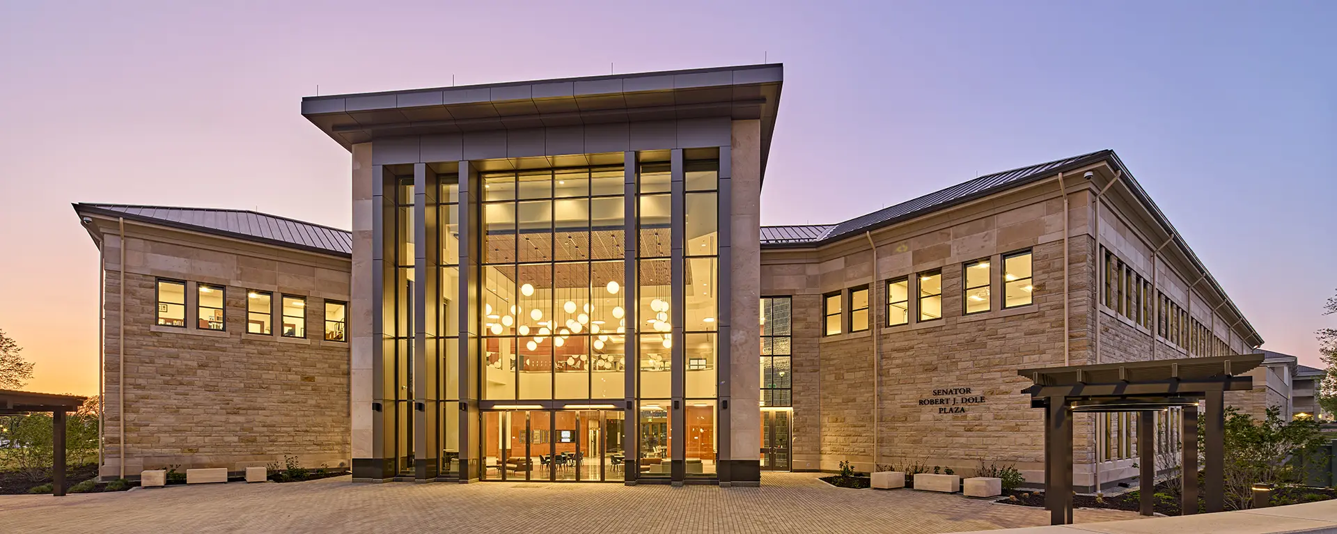 SOL building south entrance at twilight