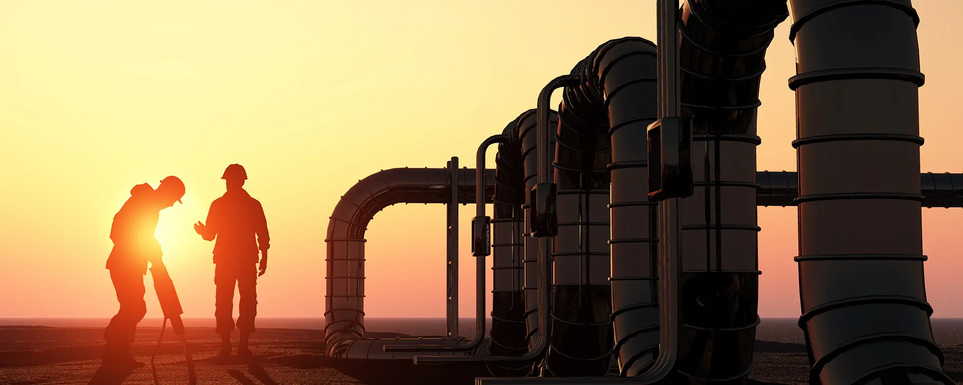 Two workers in a gas field at sunset. 