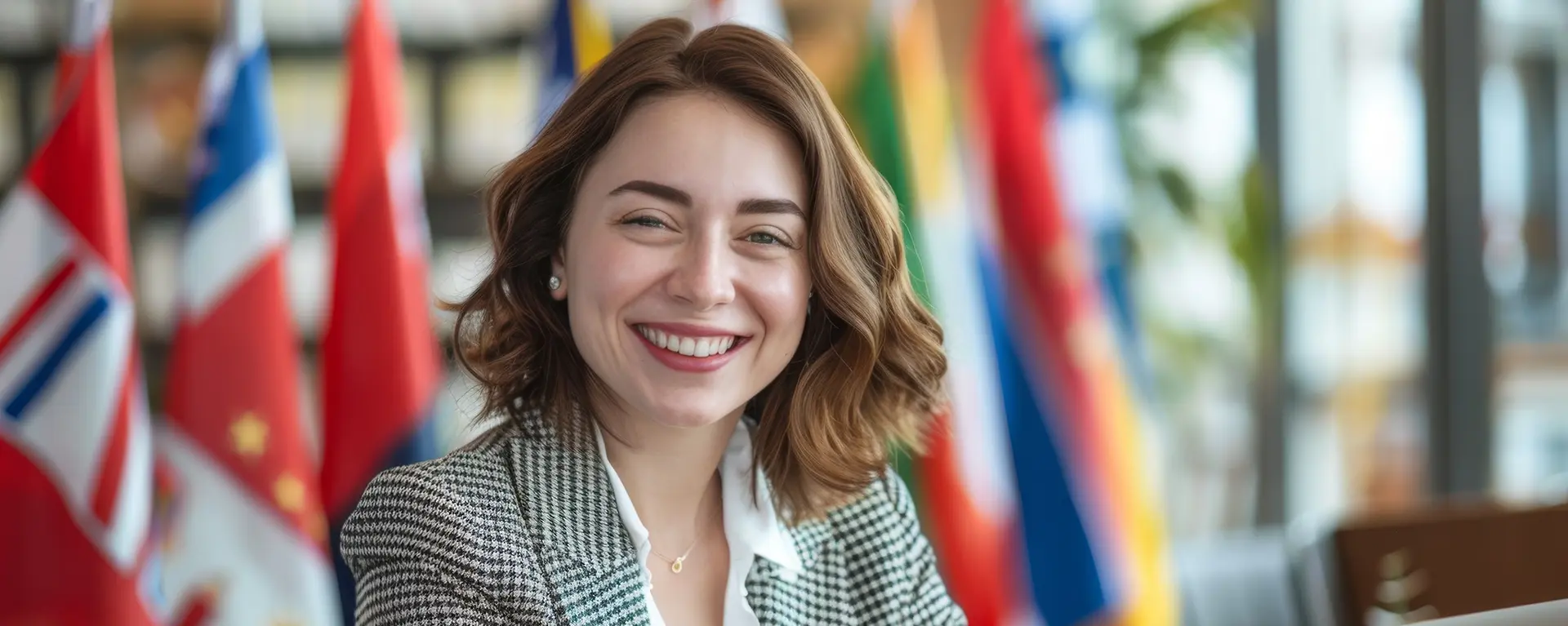 A student smiles in front of international flags. 