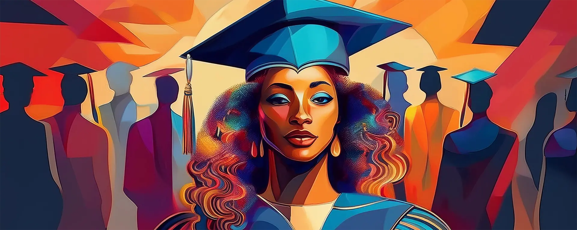 Generated image of a woman of color graduating. It's very colorful and abstract with bright oranges, blues, and yellows.