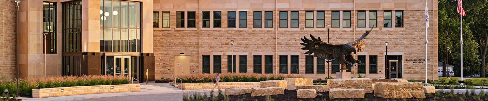 law School building north entrance at sunset