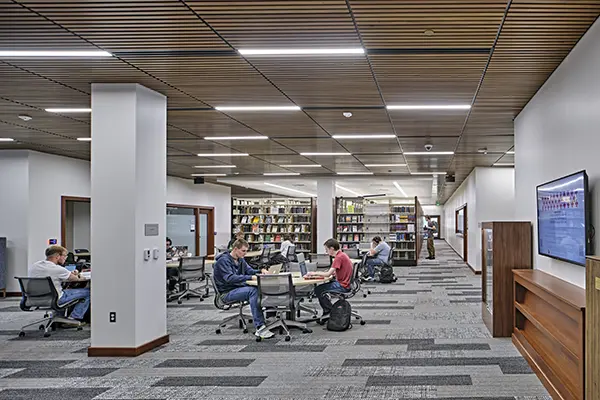 Students study at tables in the library.