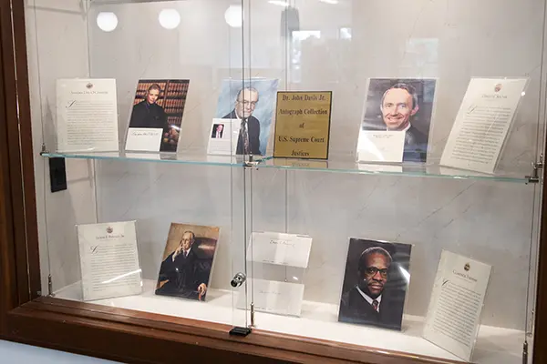 Supreme Court autograph collection on display in the Washburn Law library.