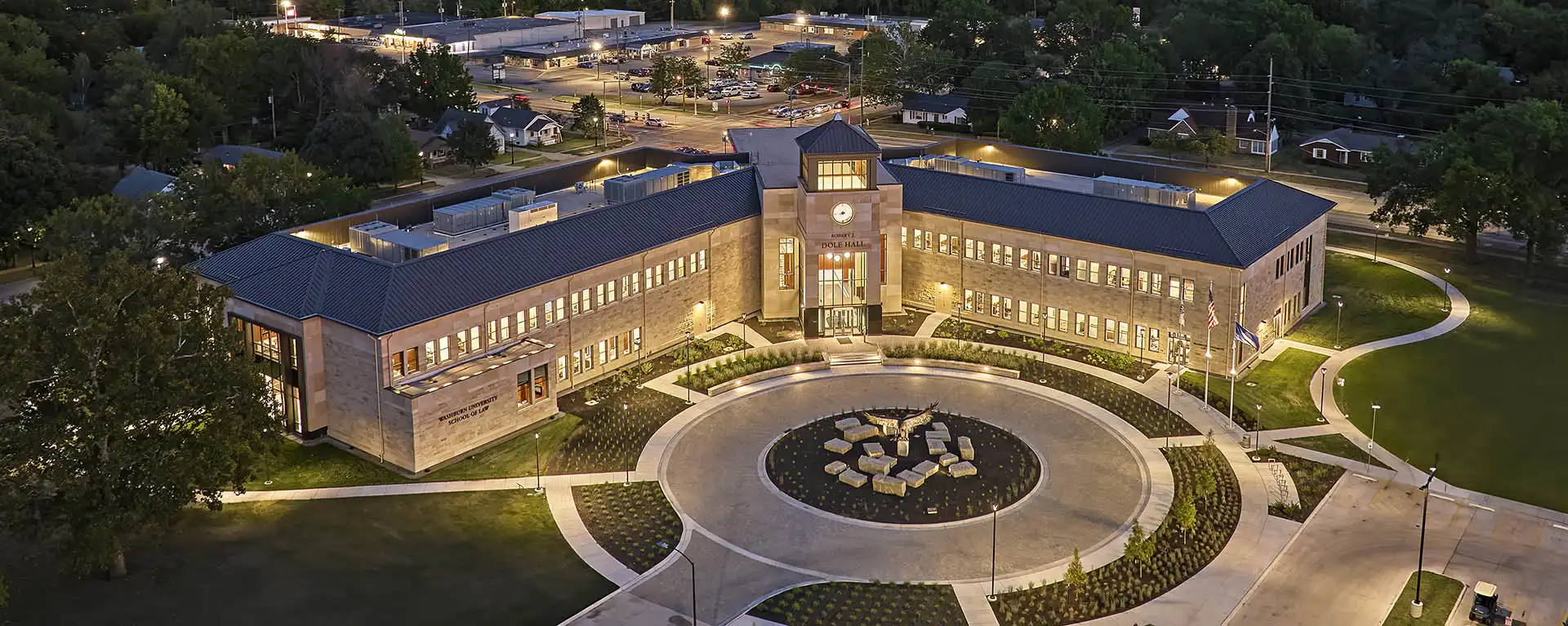 Overhead night time view of the law school building.