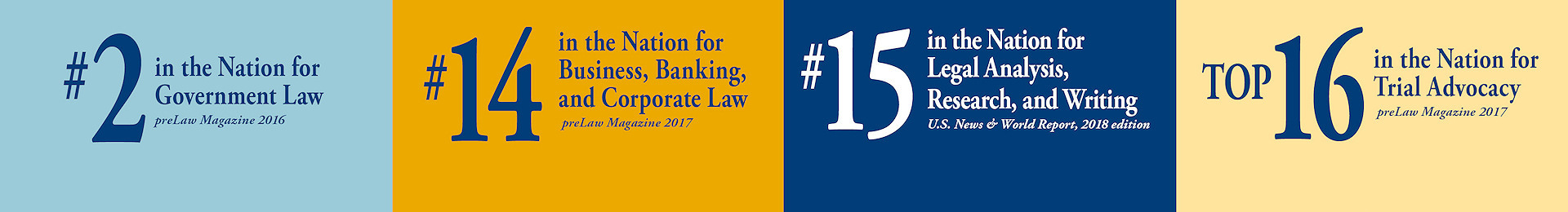 Graphic: Washburn Law has 91% July 2016 UBE pass rate; Legal Analysis, Research, and Writing Program ranked number 15; ranked number 2 in the United States for government law, and top 16 for trial advocacy.