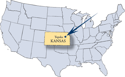 Map: United States showing location of Kansas and Topeka.