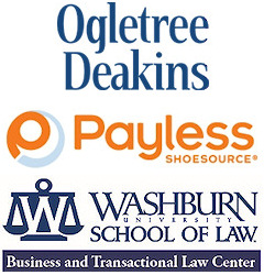 Logos of symposium friends: Ogletree Deakins and Payless Shoesource and Washburn Law Business and Transactional Law Center.