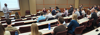 Photograph: Terence Oben speaking to students at Washburn Law.