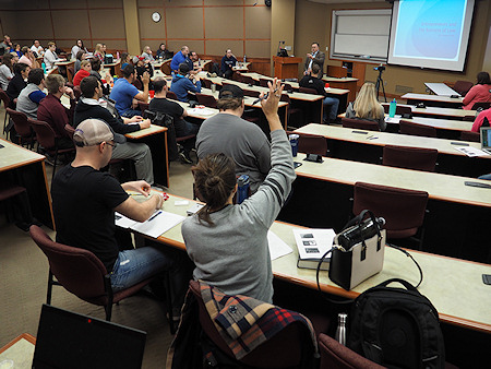 Photograph: Students at Washburn Law listening to a financing for startups presentation by Rick LeJurrne.